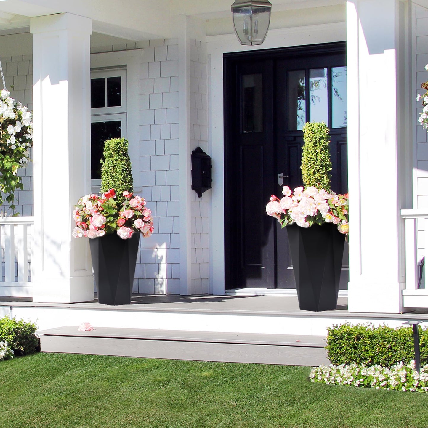 23" Tall Planters Set of 2, Outdoor&Indoor Planter Pots, High Front Porch Planter Pots with Drainage Holes&Water Level Monitor&Inner Bucket, Automatic Watering, Convenience Instill, Black