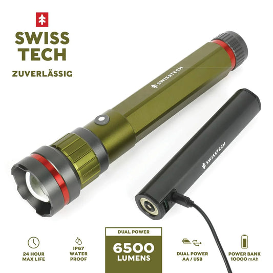 LED Flashlight, 6500 Lumen, Rechargeable, Dual Power AA USB, Charging Bank, IP67 Waterproof