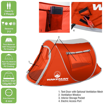 Pop-Up Tent 2 Person, Water Resistant Barrel Style Tent for Camping with Rain Fly and Carry Bag, Sunchaser 2-Person Tent by  Outdoors (Red)