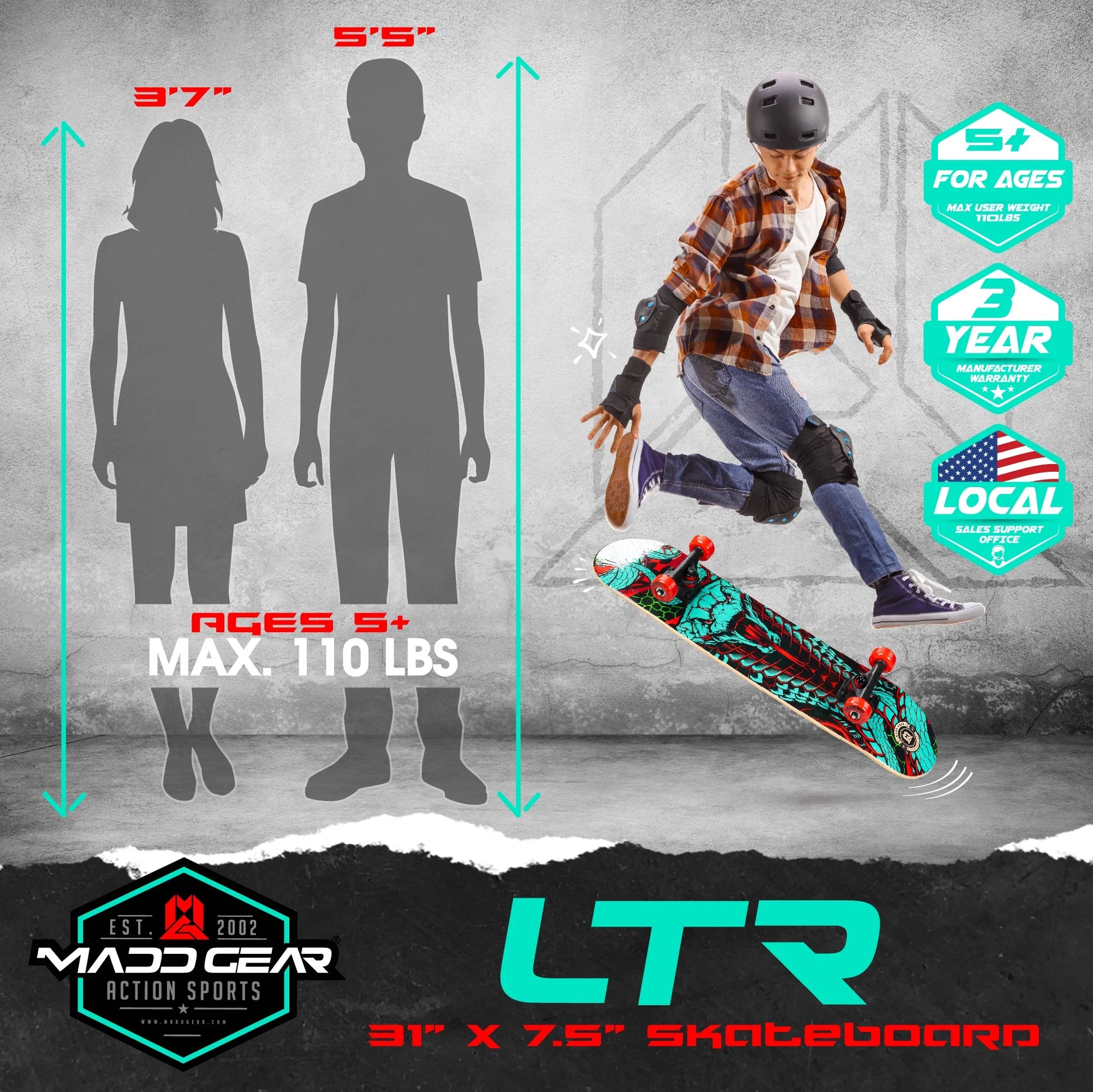 Beginner Skateboard for Kids and Teens – 31" Maple Deck – ABEC-5 Bearings – Easy to Ride –  LTR