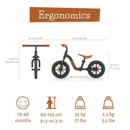 10"  Buzzi Balance Bike for Kids 1.5 Years and Older, Lightweight Toddler Bike, Black